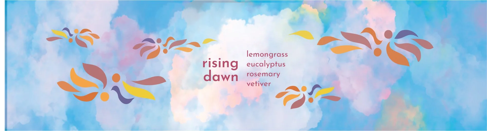 A colorful banner with a sky background in pastel shades of blue, pink, and yellow. It features stylized floral or butterfly-like designs in orange, purple, and yellow.  Design by Hannah Loomis.