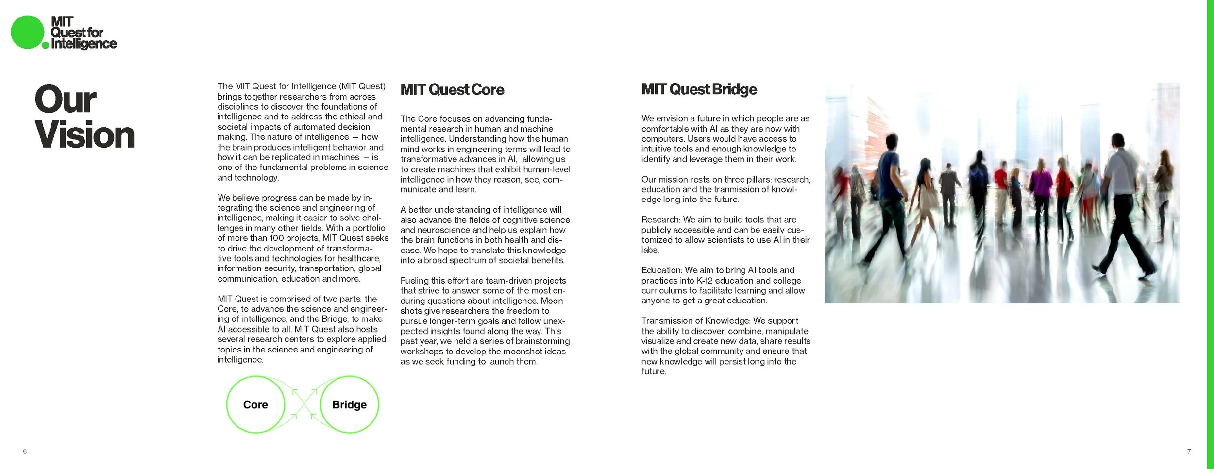 Annual report page with the MIT Quest for Intelligence logo, titled 'Our Vision,' explaining the mission to develop AI tools for healthcare, security, transportation, communication, and education. Design by Hannah Loomis.