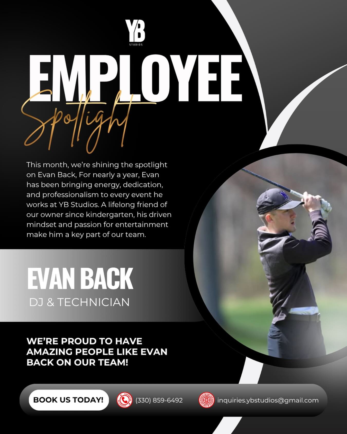 🌟 EMPLOYEE SPOTLIGHT 🌟

This month, we&rsquo;re recognizing Evan Back, one of the talented DJs &amp; Technicians here at YB Studios.

Evan has been a valued member of the YB Studios team for nearly a year, bringing energy, dedication, and professio