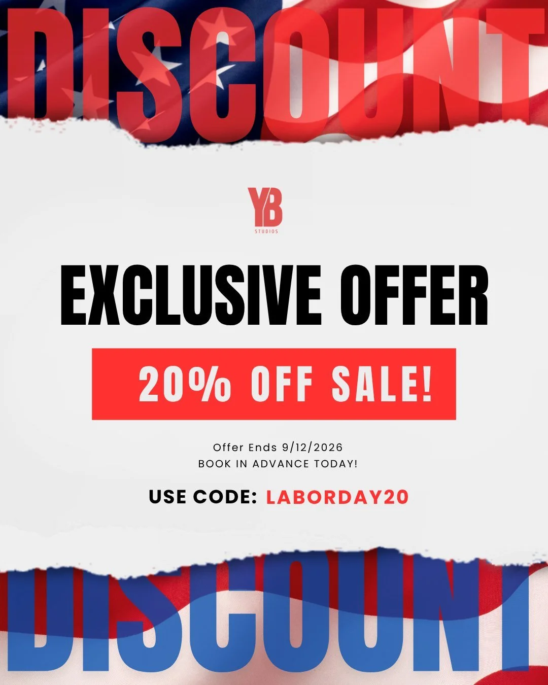 Our Labor Day OFFER is officially here early! 👀 

For a limited time, you can receive 20% off any YB Studios services when you book your event within September 12th, 2026,  this does include booking your event in advance. 

Use code LABORDAY20 throu