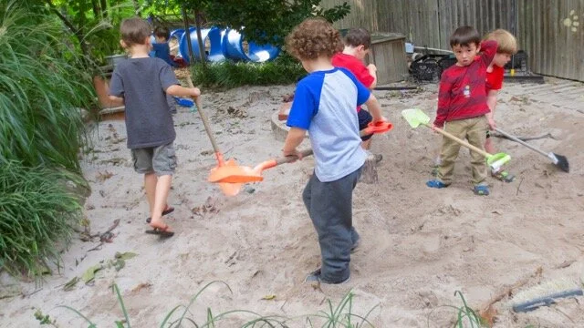Children will find new contexts for familiar settings. This is not a sandpit. It is a canvas for imaginary play. They are building a Deathstar. It requires channels in the sand, cement, and pipes. As adults we do not have the words to speak the lang…