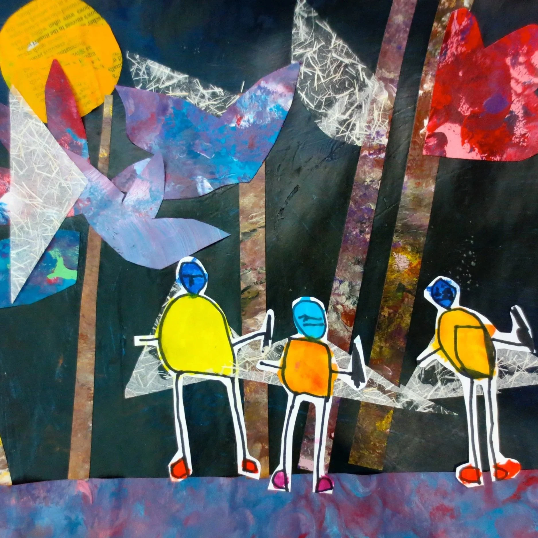 A painted paper collage of fairies in the woods, reflecting children’s imaginative storytelling and creative expression inspired by nature.