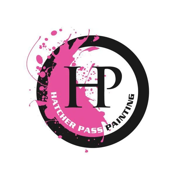 Logo for Hatcher Pass Painting featuring pink paint splashes and black text.