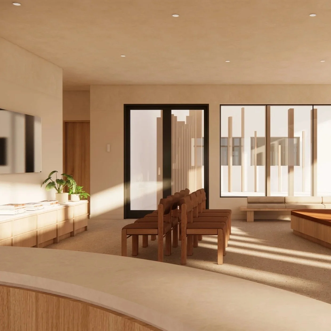 A modern, minimalistic living room with wood accents, a row of six wooden chairs, a flat-screen TV, and large windows letting in natural light.