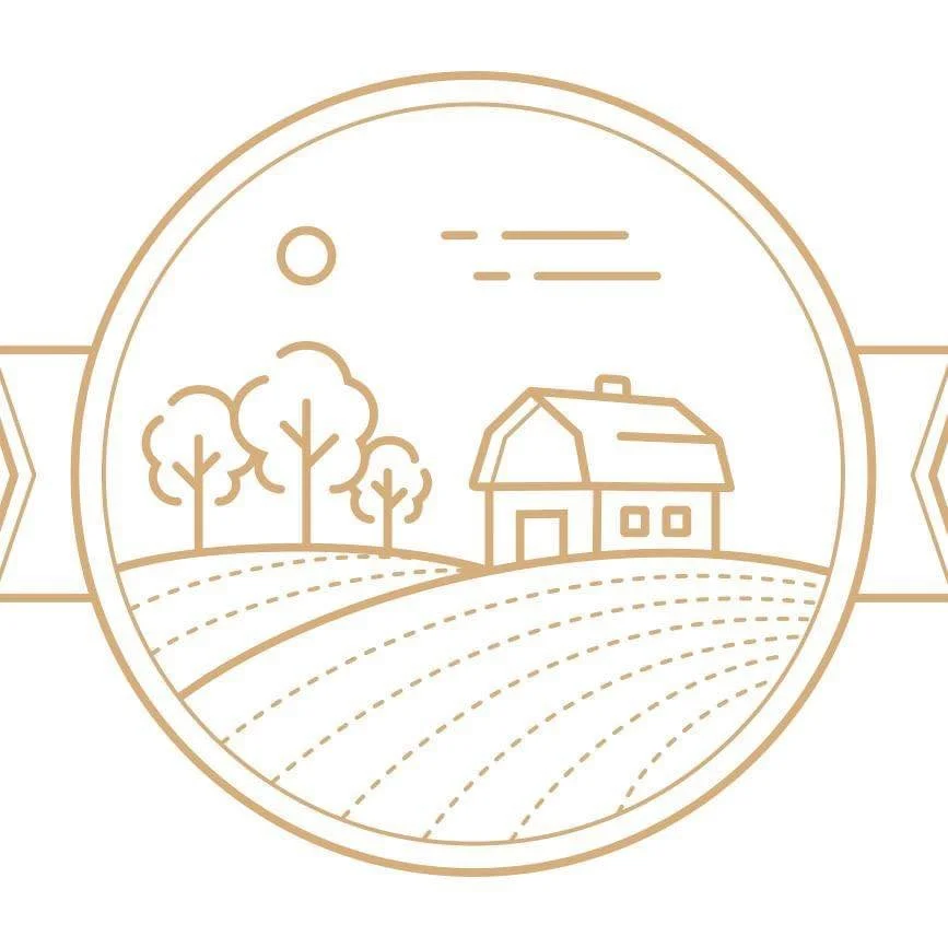 Line art depiction of a farm scene with a house, trees, rolling fields, and a sun or moon in the sky.