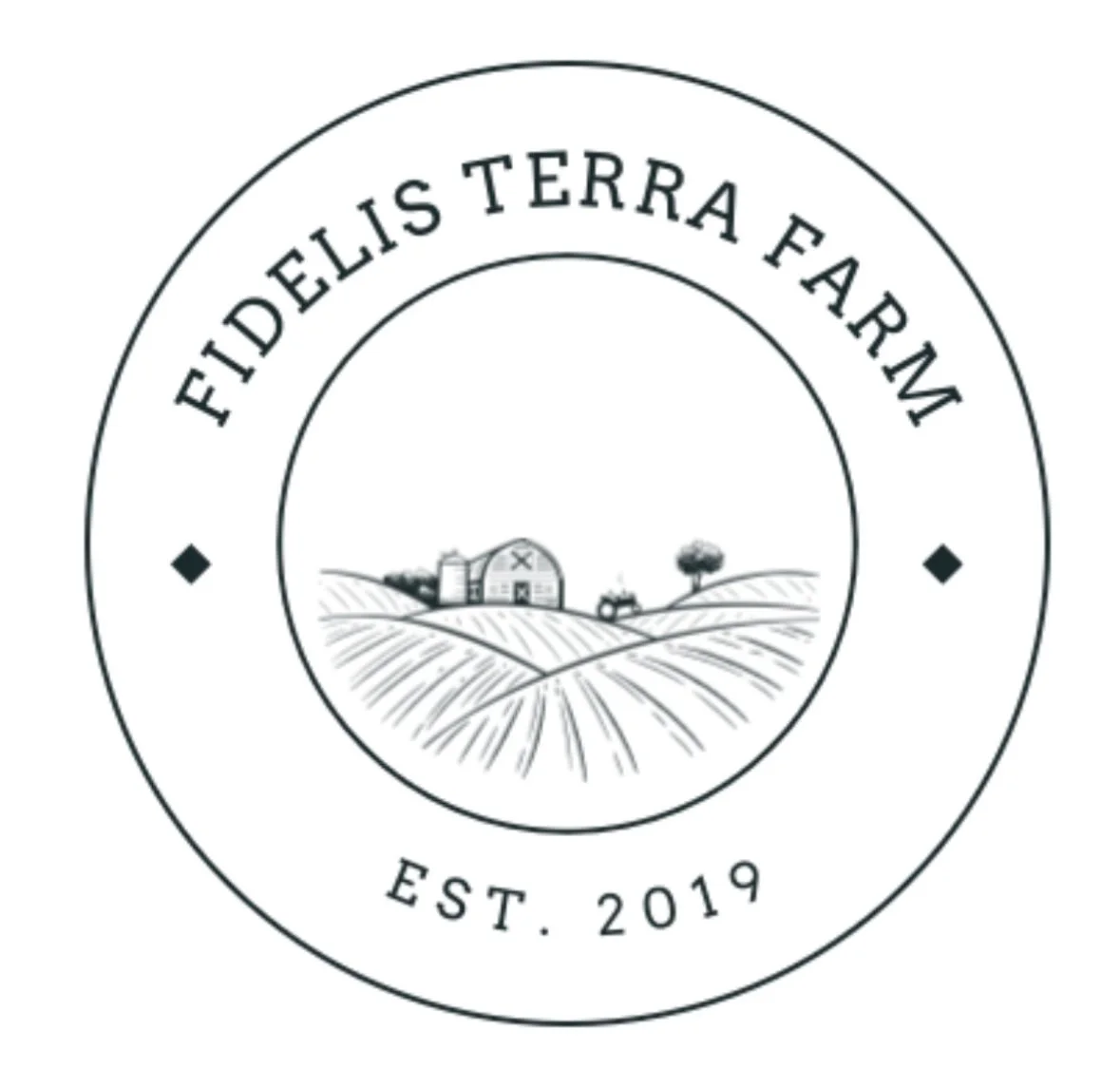 A circular logo for Fiddle Terra Farm with a farm scene of a barn, a tractor, and a tree in black and white, and the text "Fiddle Terra Farm" around the top and "Est. 2019" at the bottom.