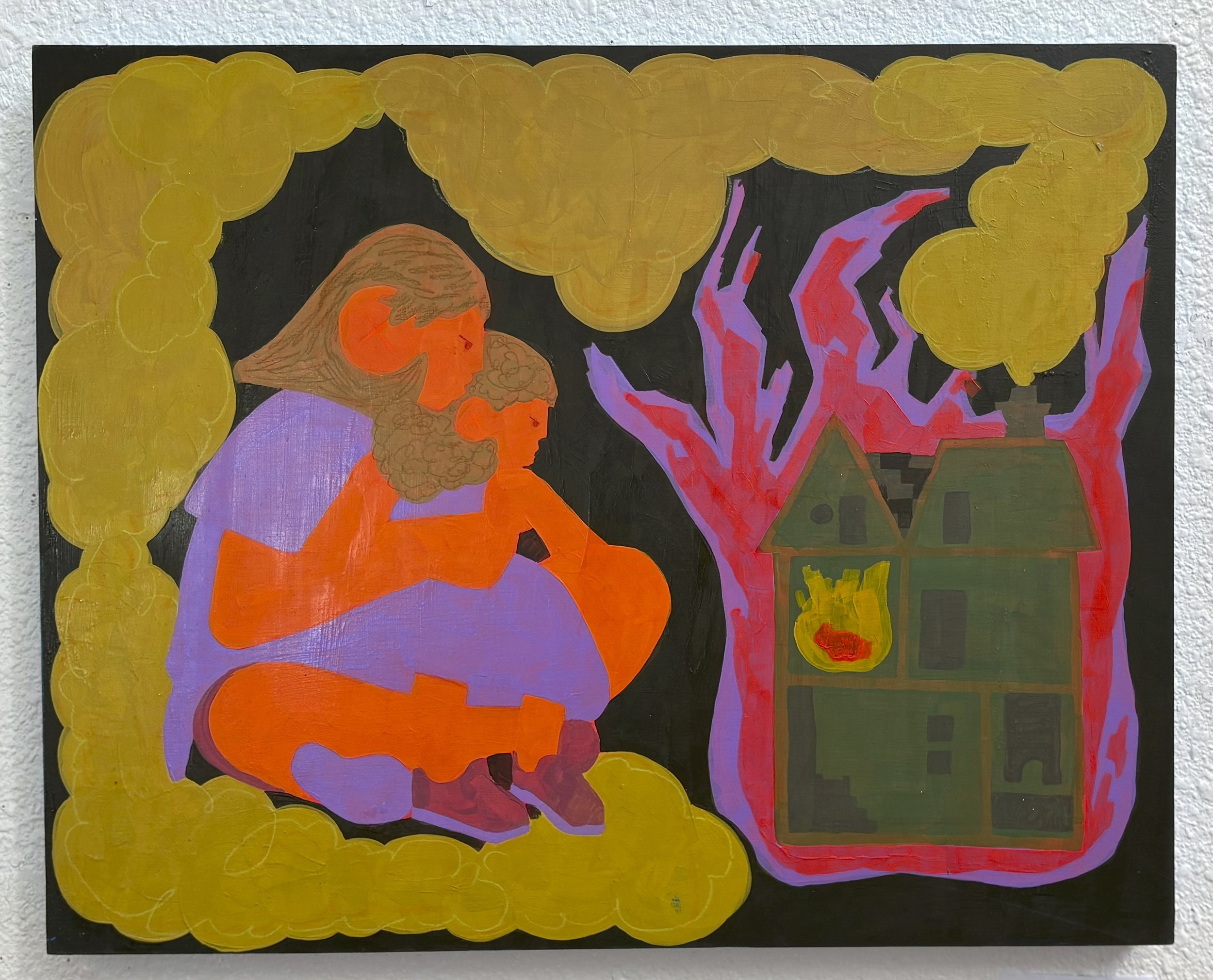 Wildfire, 12x16in, 2025, Acrylic gouache and colored pencil on wood panel