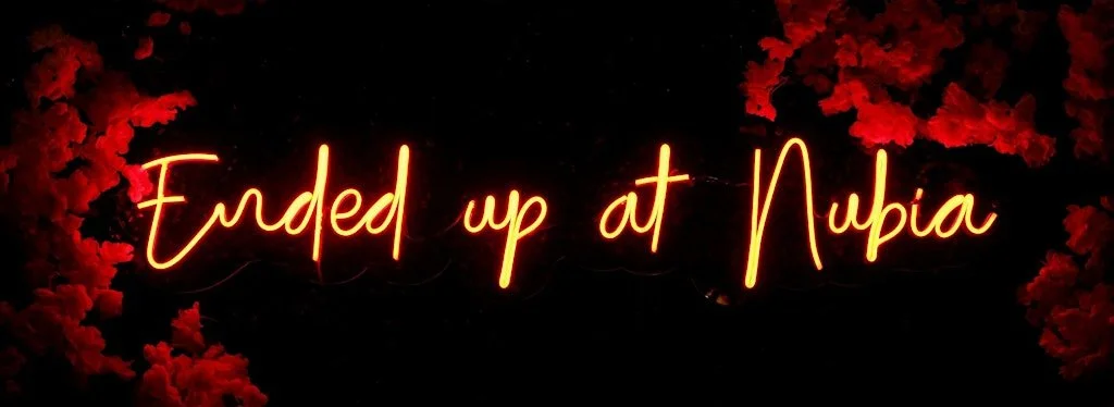 Neon sign that reads 'Ended up at Nubia' with red flowers on either side.