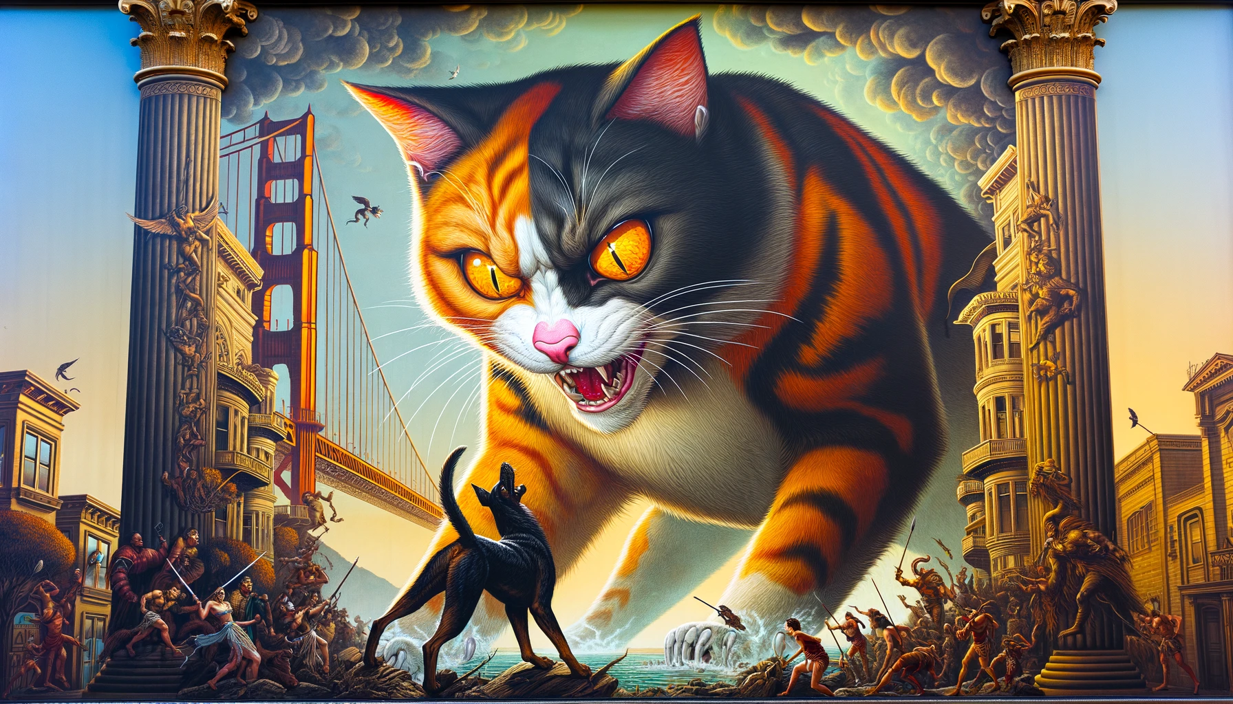 DALL·E 2023-12-31 09.04.00 - An epic scene set in San Francisco featuring a giant orange and black calico cat with a pink nose and yellow amber eyes, engaged in a dramatic battle .png