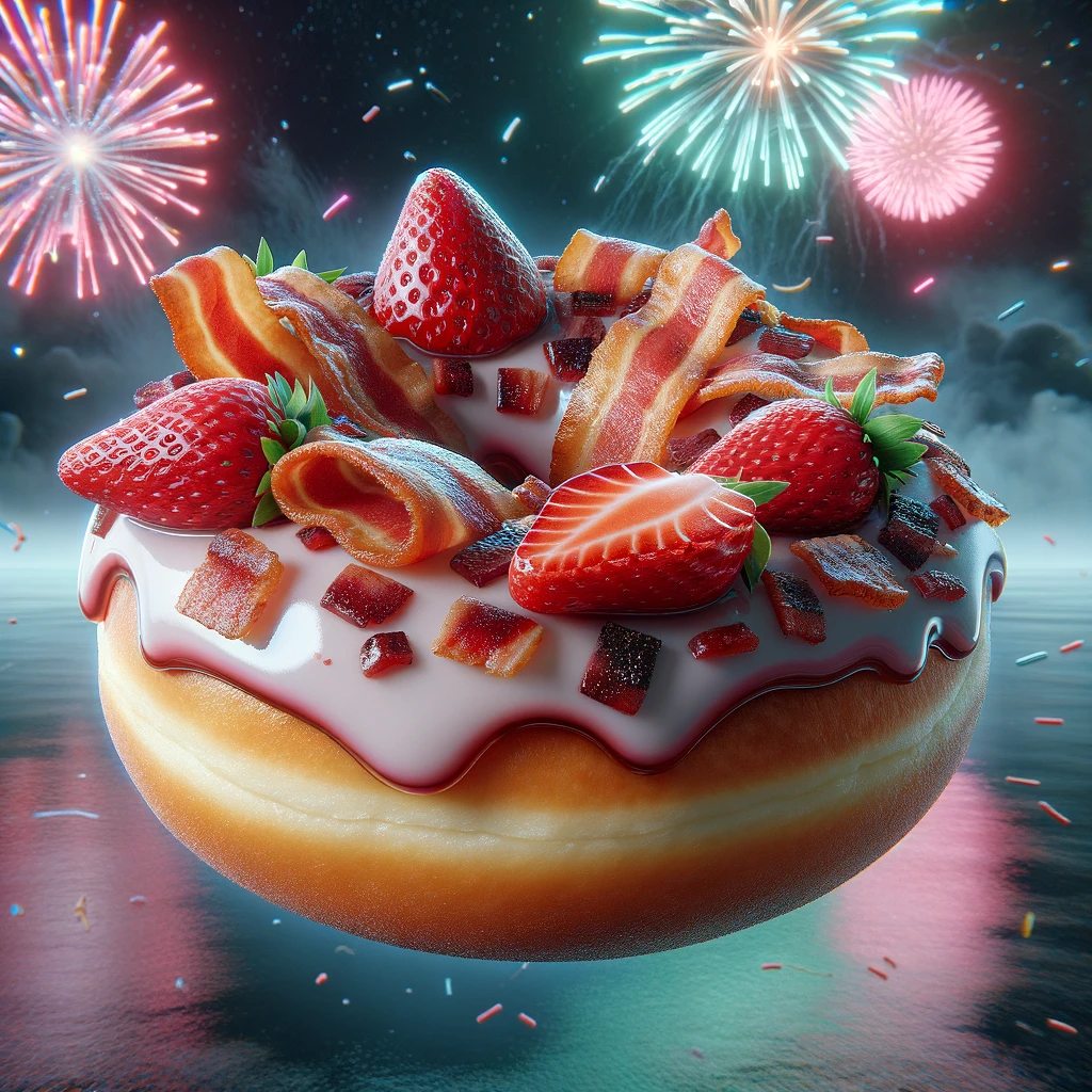 DALL·E 2023-12-31 09.48.42 - A 3D render of a floating gourmet bacon and strawberry donut, with an ultra-realistic, glossy finish. The donut features crispy bacon strips and fresh.png