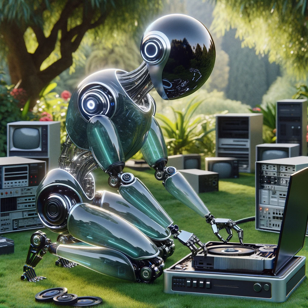 DALL·E 2023-12-29 10.11.24 - A futuristic robot fixing vintage computers in a garden. The robot has a sleek, glossy, translucent glass body with a humanoid shape. Its head is sphe.png