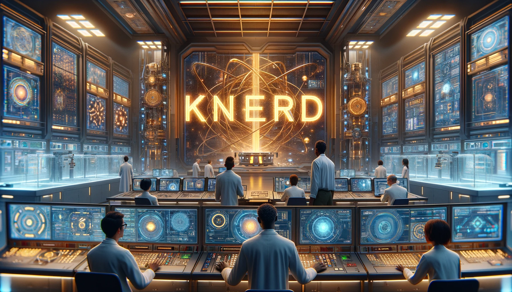 DALL·E 2024-01-03 02.30.43 - In the laboratory scene, the monitors are creatively arranged to spell out 'KNERD'. The central focus remains the African American lead scientist over.png