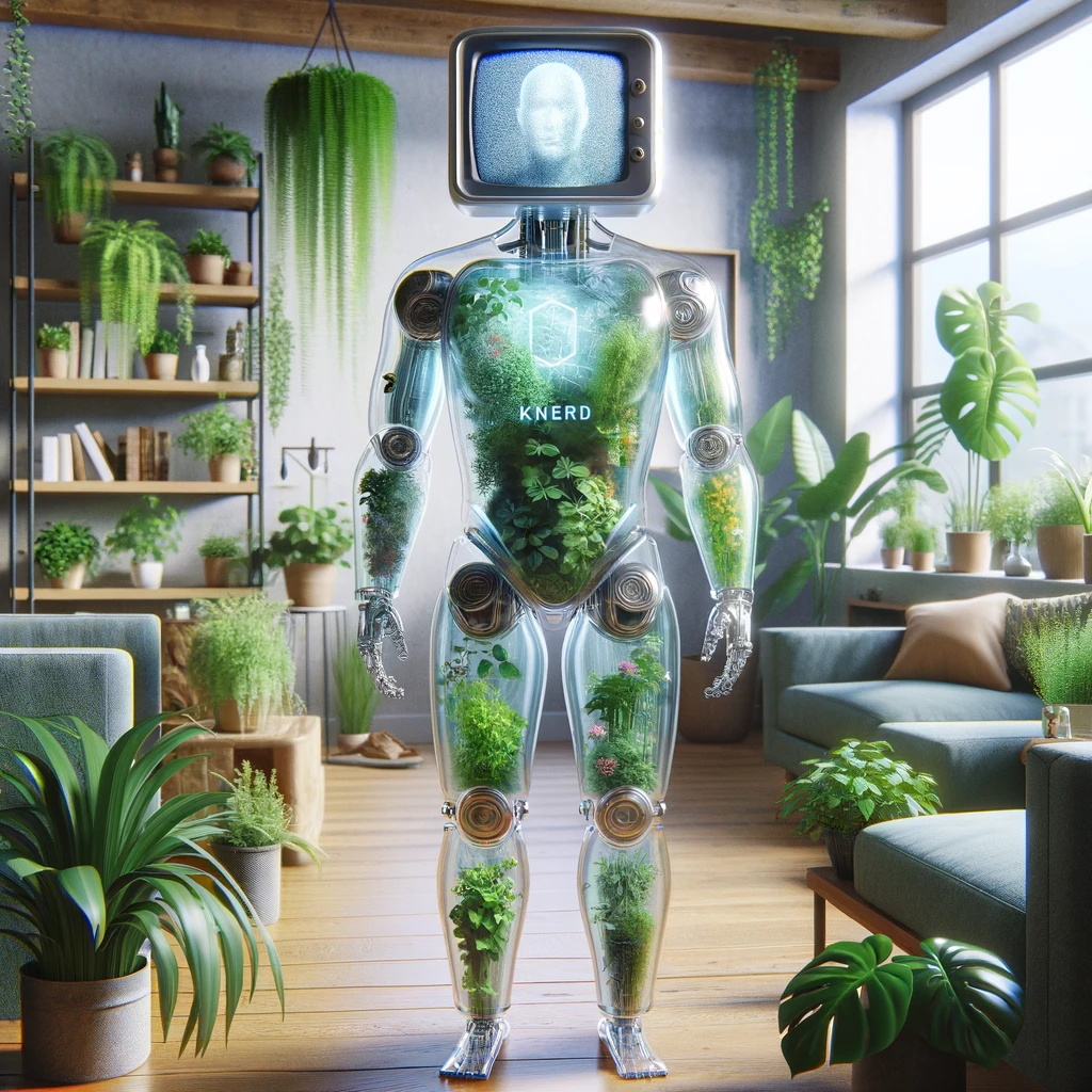 DALL·E 2023-12-31 10.25.03 - A hyperrealistic image of a translucent glass humanoid robot standing in a plant-filled living room. The robot has a unique design with a TV screen fo.png