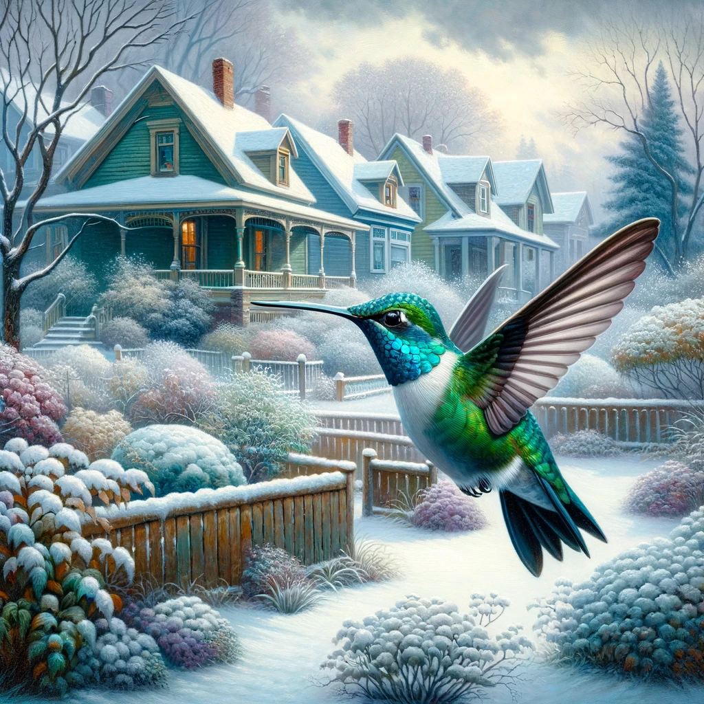 DALL·E 2023-12-27 12.32.01 - An elegant hummingbird, with iridescent feathers of green and blue, hovering near a snow-covered garden in a suburban neighborhood. The scene is peace.png