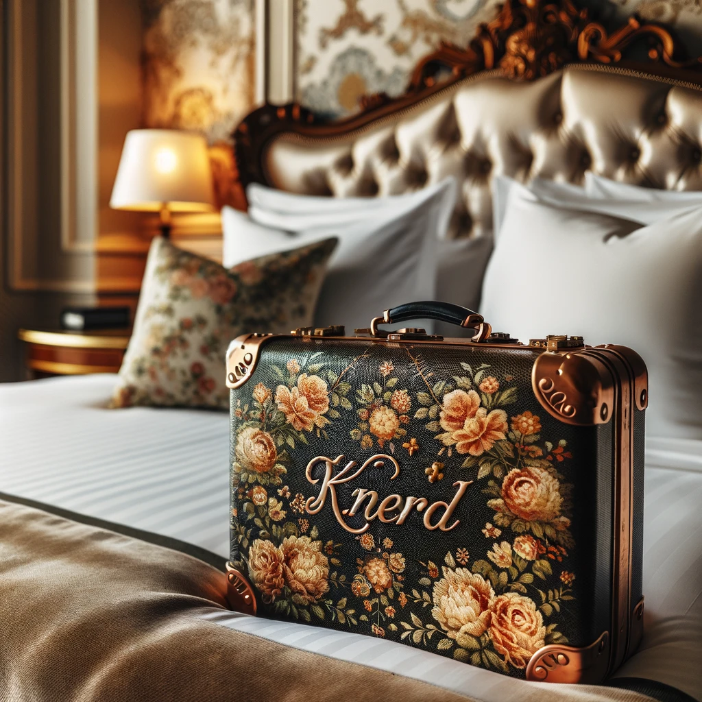 DALL·E 2024-01-01 11.57.07 - A luxury vintage suitcase with intricate floral patterns, resting on a neatly made bed. The suitcase is adorned with the text “KNERD” written in elega.png