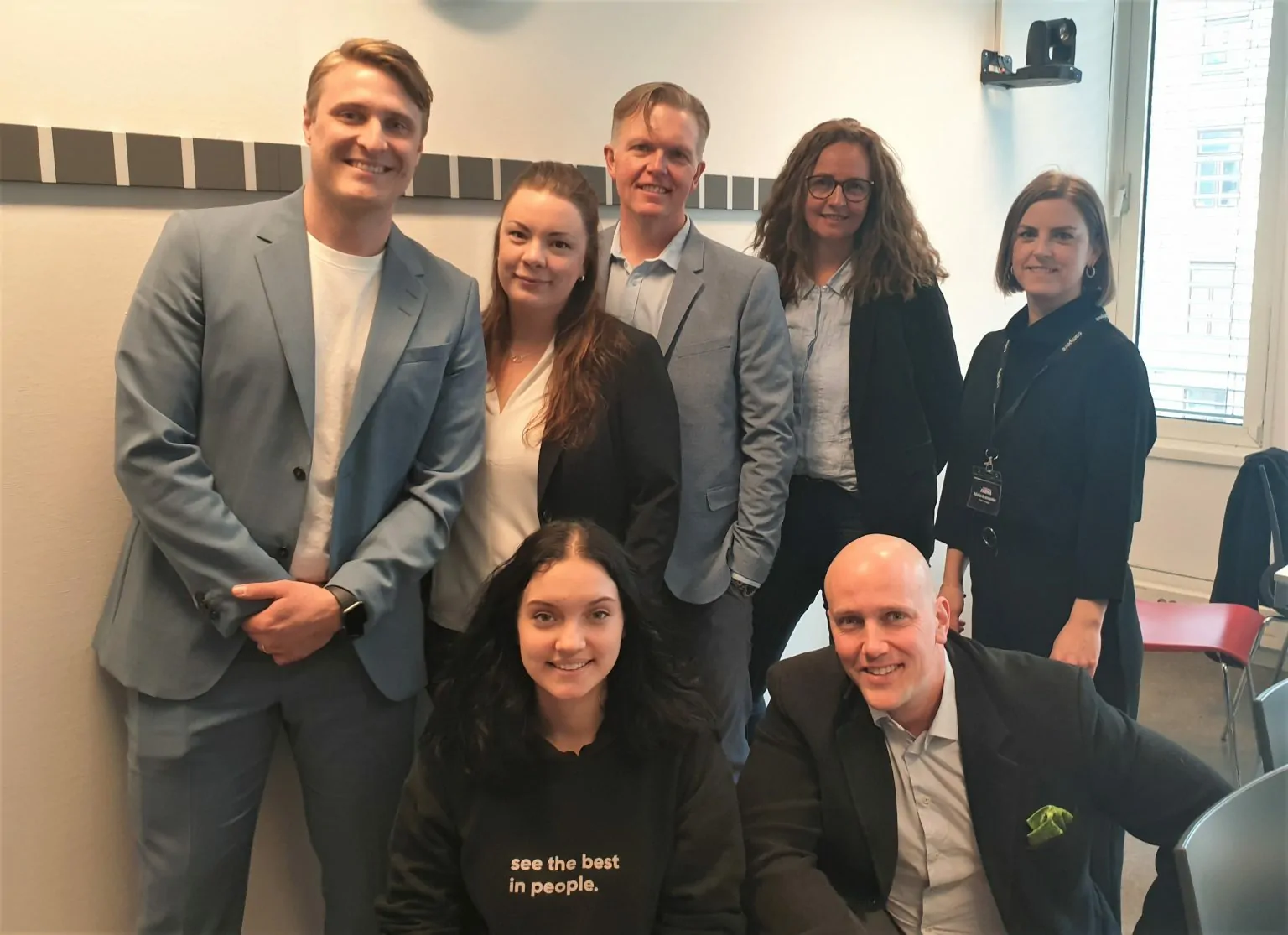 Marcus Eng (PhysAct), Melinda Persson and Magnus Olsen (DIRI Safety Solutions), Kristil Håland (Jodacare), Marie Granander (DigitalWell Arena) Anita Ramka (Asya) and Mikael Eckard (Exagard) preparing for the pitching session at OsloMet.