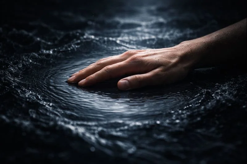 A single hand rests perfectly still, creating a circle of calm on the surface of dark, turbulent water, illustrating the counterintuitive power of stillness.