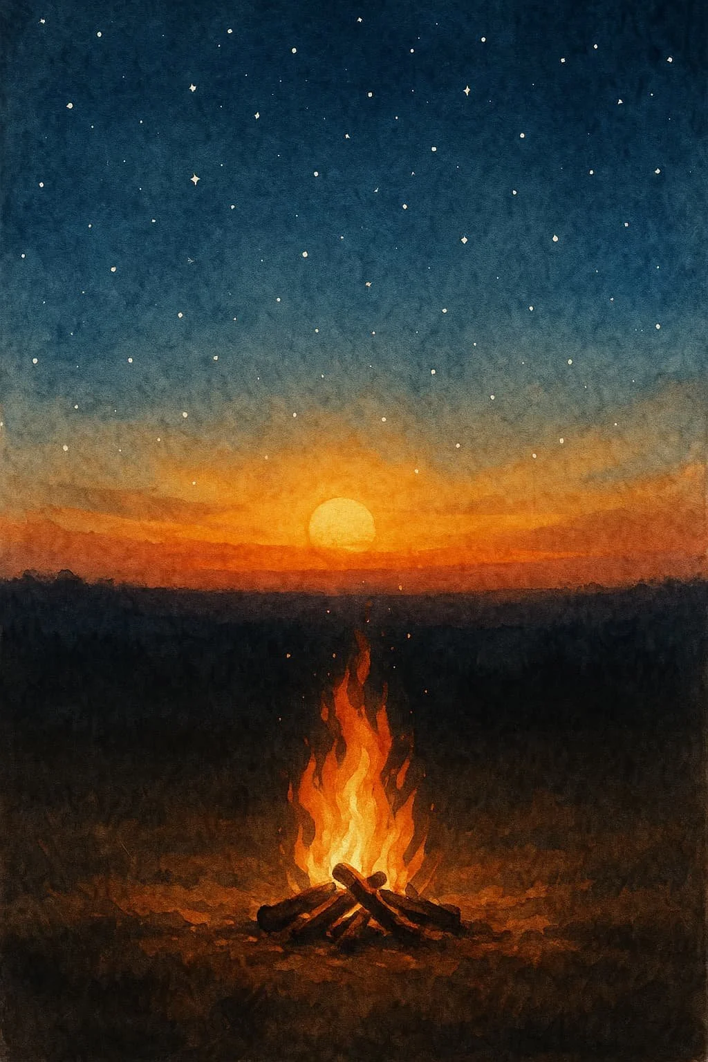 A glowing campfire under the open night sky, casting shared light in all directions—symbolizing unity, shared purpose, and the warmth of human connection reflected in Hexagram 13, ‘Fellowship with Men.