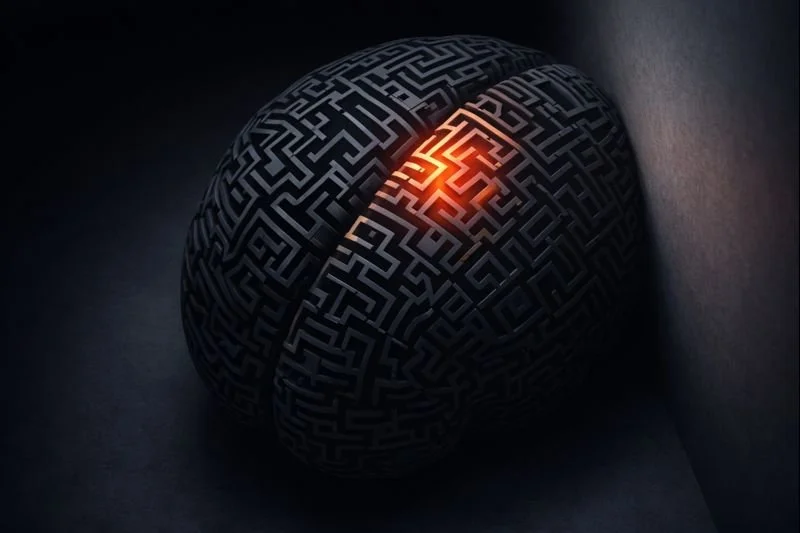 A glowing, stressed brain is shown pressing against a sheer, immovable wall, visualizing the feeling of "hitting the wall."