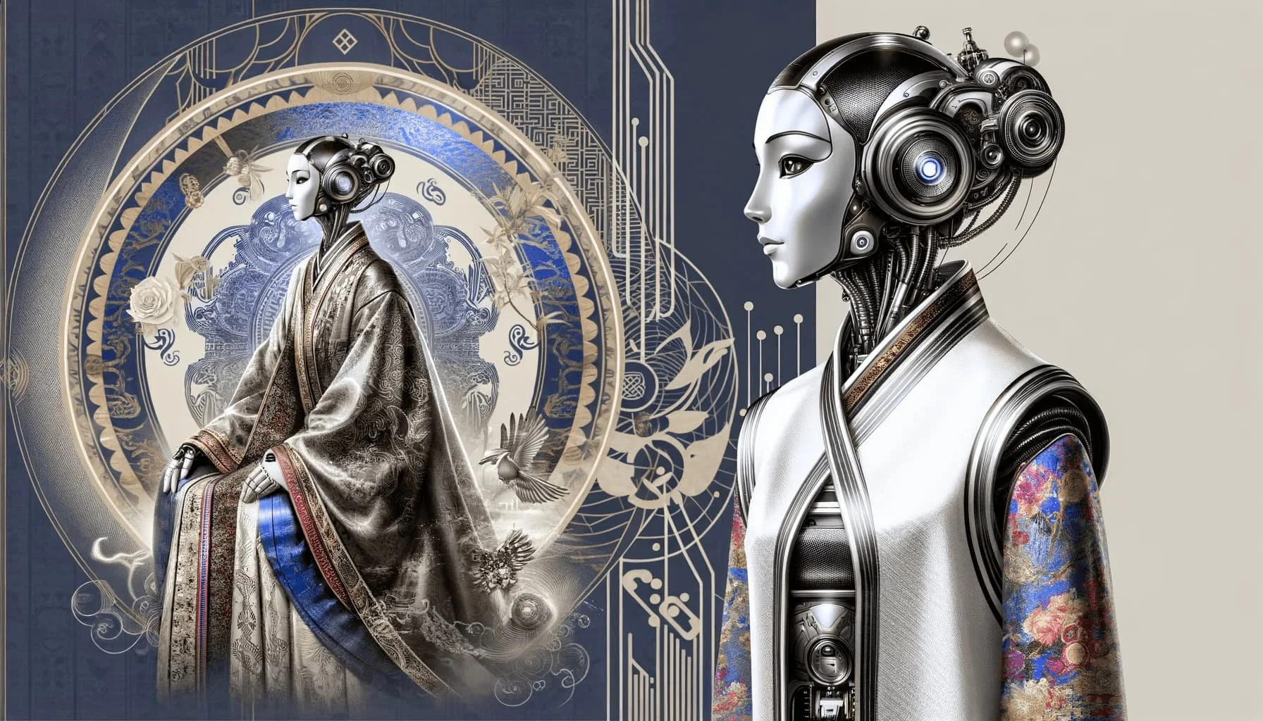 Robot in ancient robes representing the shared roots of AI and I Ching wisdom.