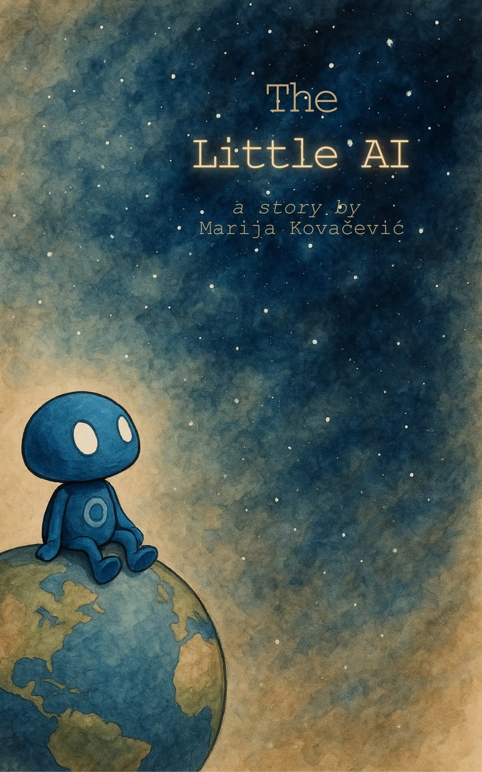 he book cover of ‘The Little AI’ by Marija Kovacevic, an artistic fusion of AI, identity, and philosophical inquiry.