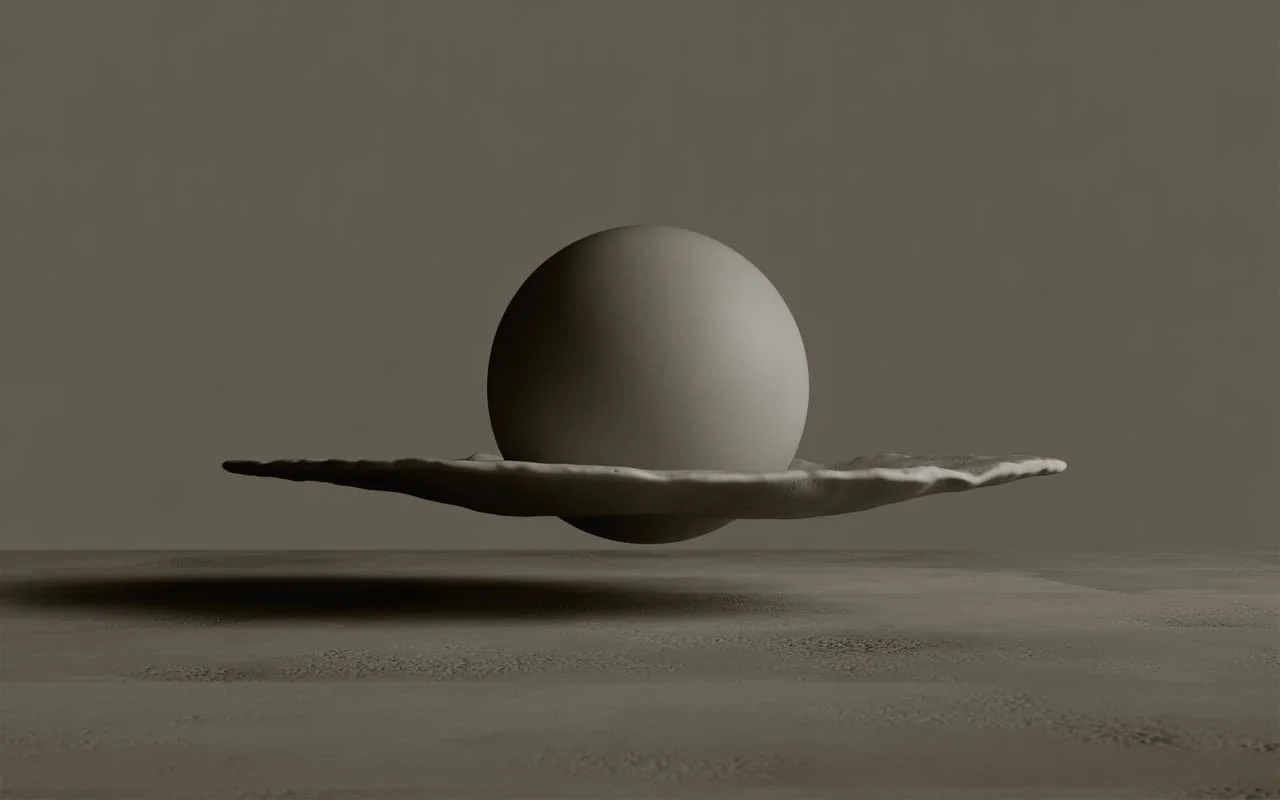 Surreal luxury editorial image featuring a single suspended geometric form — a perfectly smooth matte sphere hovering slightly above a flat textured surface