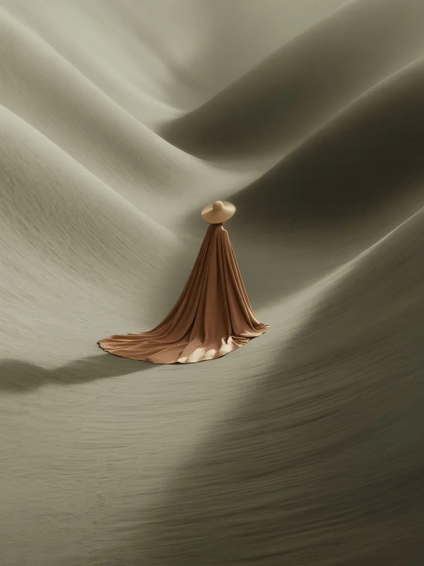 High end luxury editorial style image of a single person in a desert navigating unknown and empty terrain.