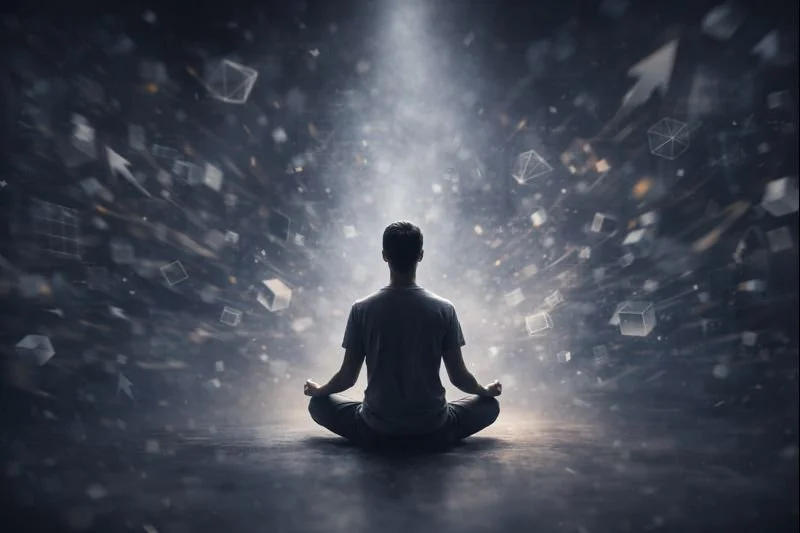 A person meditates calmly while surrounded by a blurred storm of geometric shapes and symbols, representing stillness within productivity chaos.
