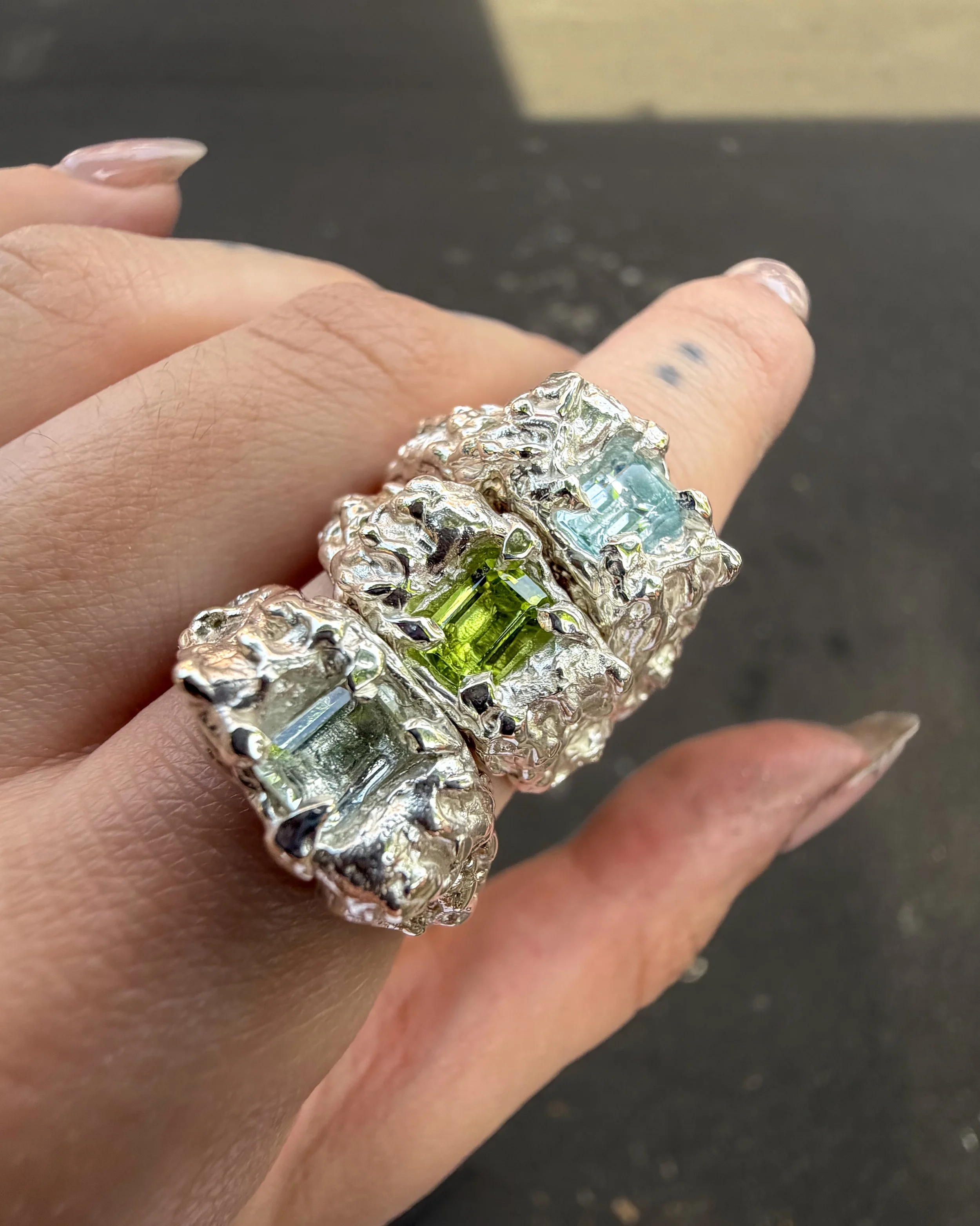 green quartz, peridot &amp; sky blue topaz. 
the gus ring. all 3 available @ozannes_