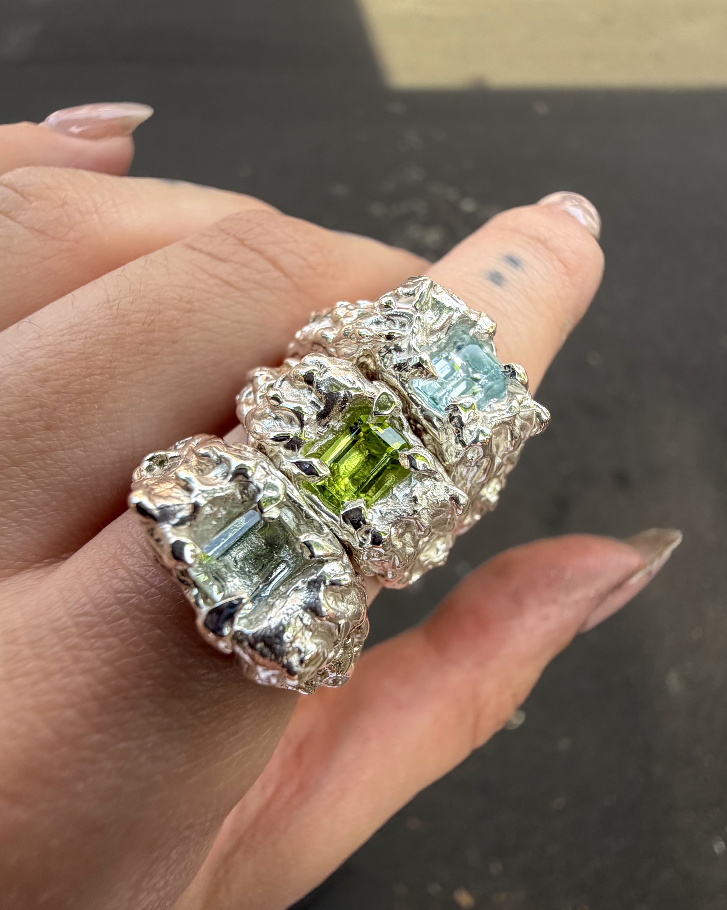 green quartz, peridot &amp; sky blue topaz. 
the gus ring. all 3 available @ozannes_
