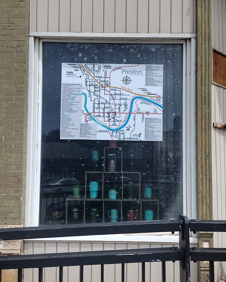 I've struggled with what to do with this old window.  Can't really see in or out of it.  Might as well put #PrestonMN activities map on it that can be seen from the road!
If you're in Preston and looking for things to do, you can find the map AND my 