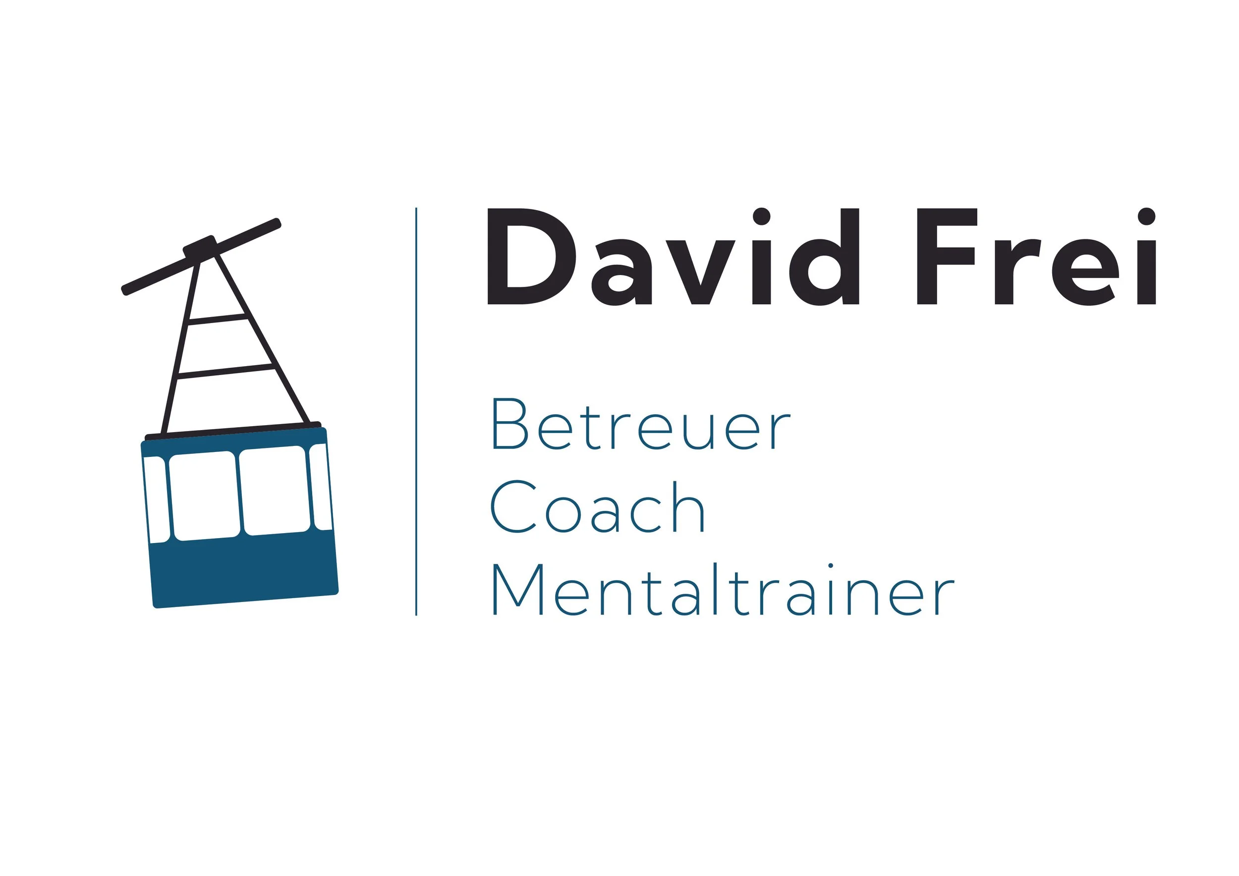 Visitenkarte mit einem Gondel-Icon und dem Namen 'David Frei' sowie den Berufsbezeichnungen Betreuer, Coach und Mentaltrainer.