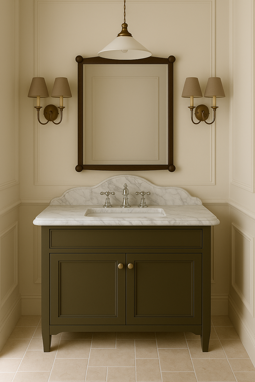 A classic bathroom vanity with a marble countertop, silver faucet, olive green cabinet, and a large framed mirror above, flanked by wall-mounted lamps with beige shades, on cream-colored walls with decorative paneling.