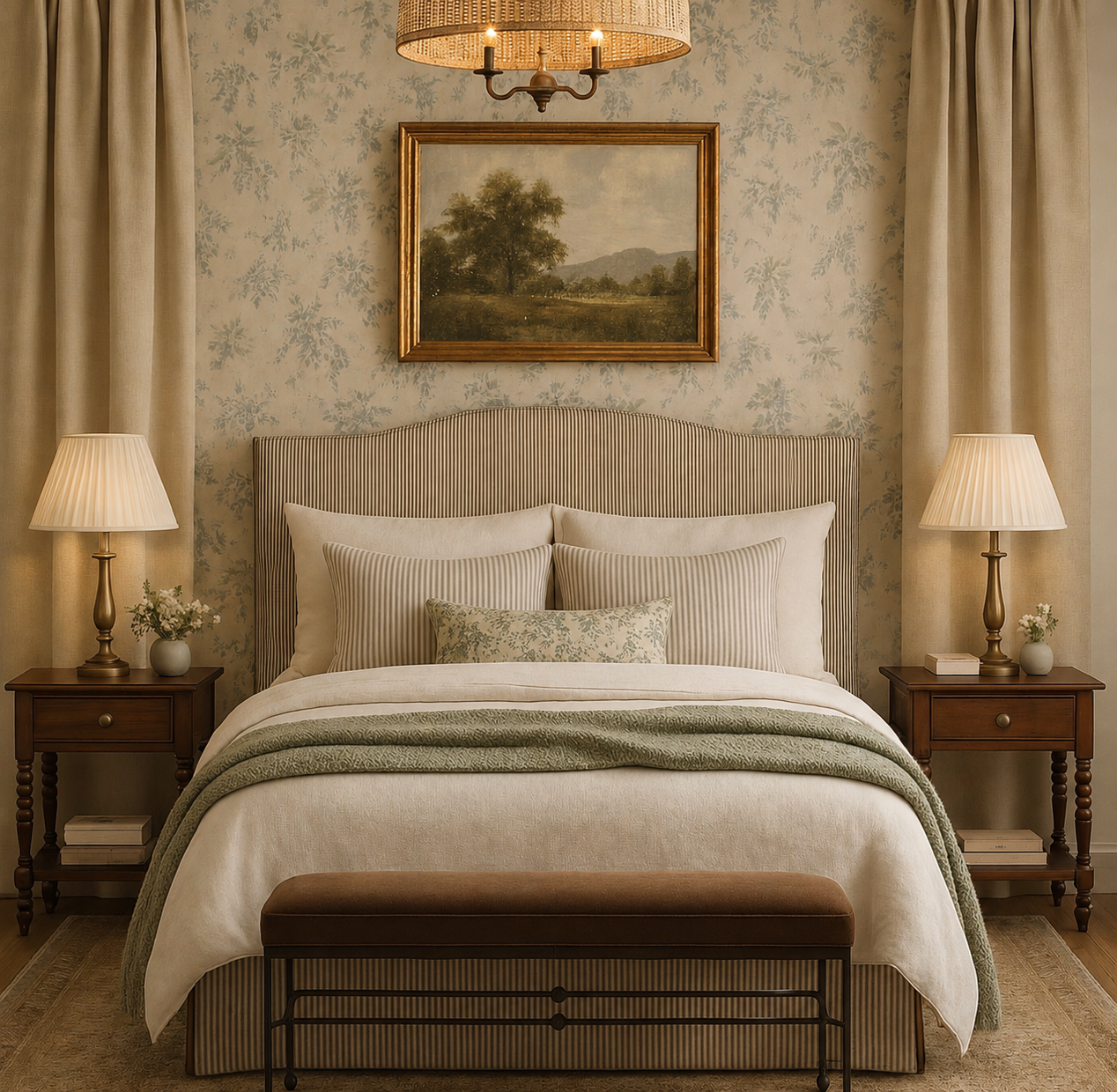 A cozy, traditional bedroom with a neatly made bed featuring multiple pillows, a striped headboard, and a green throw blanket. There are two wooden nightstands, each with a table lamp and a small flower vase. A framed landscape painting hangs above t