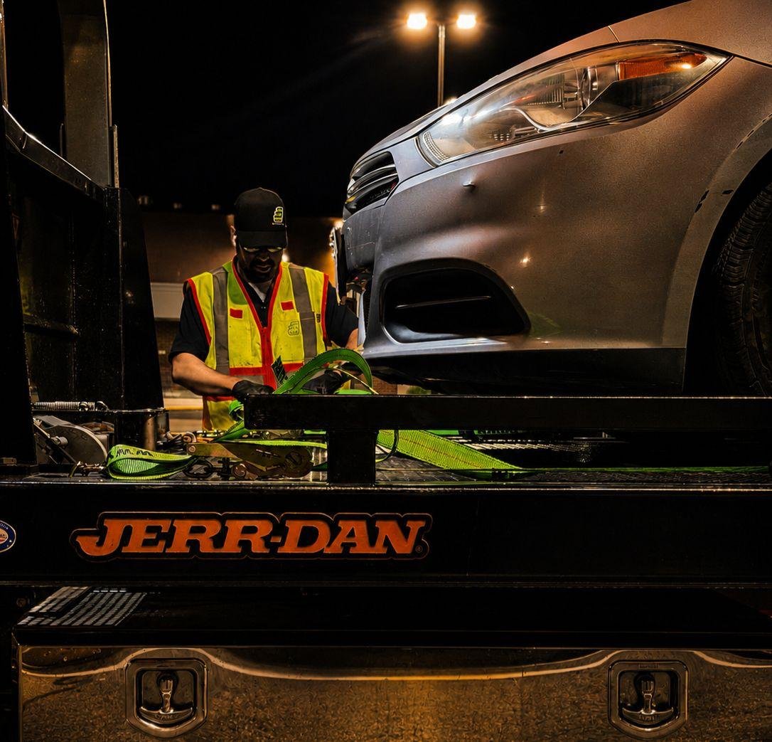 A tow truck operator serving people at newton in MA  a silver car onto a flatbed tow truck at night.