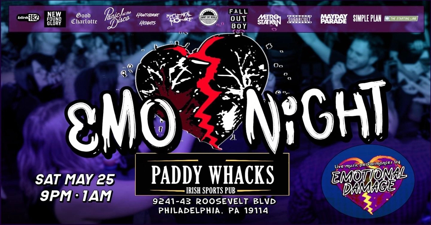 Next weekend, MAY 25TH 🌞 
EMO NIGHT at @paddywhacks Welsh!  9pm-1am 
We&rsquo;ll be playing all your favorites from Taking Back Sunday, My Chemical Romance, New Found Glory, and many more!  And of course we&rsquo;ve added a few songs since last time