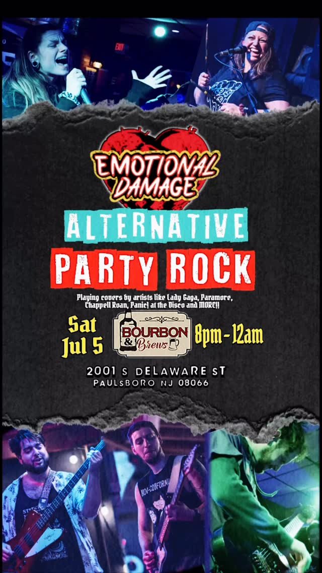 ‼️ THIS WEEKEND ☀️ SATURDAY JULY 5th 🔥🔥🔥
NEW VENUE ALERT 🚨 ‼️ 🔔
@emotionaldamagelive makes our debut at @bourbon_brews_nj 🥃
We know you’ll be tired from all the fun in the sun from July 4th! 🇺🇸 but baby, you’re a firework 🎆
S
