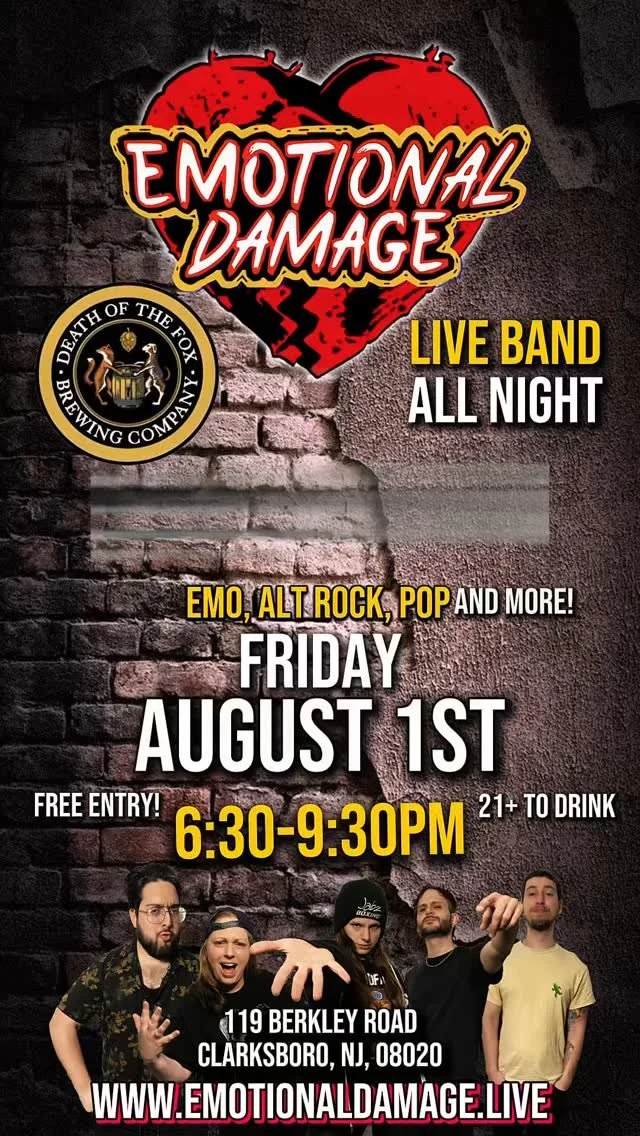 FRIDAY AUGUST 1st 🥇 🦊 @deathofthefoxbrewingco
🎟️ Free Admission
🚪 All Ages to enter // 21+ with ID to drink
🎶 Playing music from your favorite artists including My Chemical Romance, Lady Gaga, Panic! at the Disco, Evanescence, Chappell Roan,