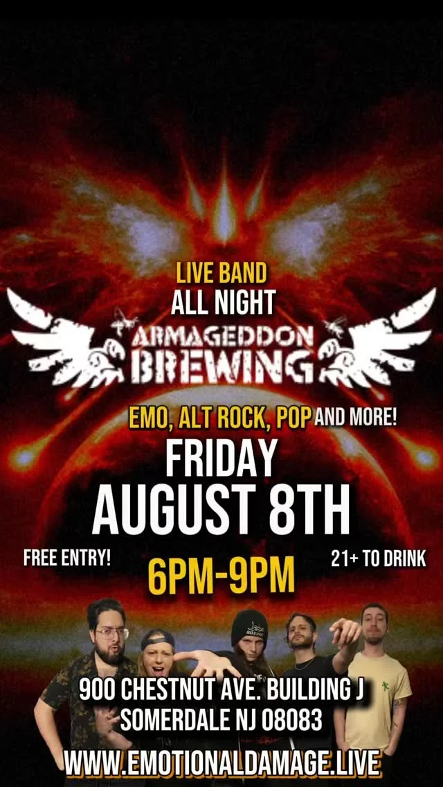 FRIDAY AUGUST 8th 💥 🍻 @armageddonbrewing
🎟️ Free Admission
🚪 All Ages to enter // 21+ with ID to drink
🎶 Playing music from your favorite artists including My Chemical Romance, Lady Gaga, Panic! at the Disco, Evanescence, Chappell Roan, Param