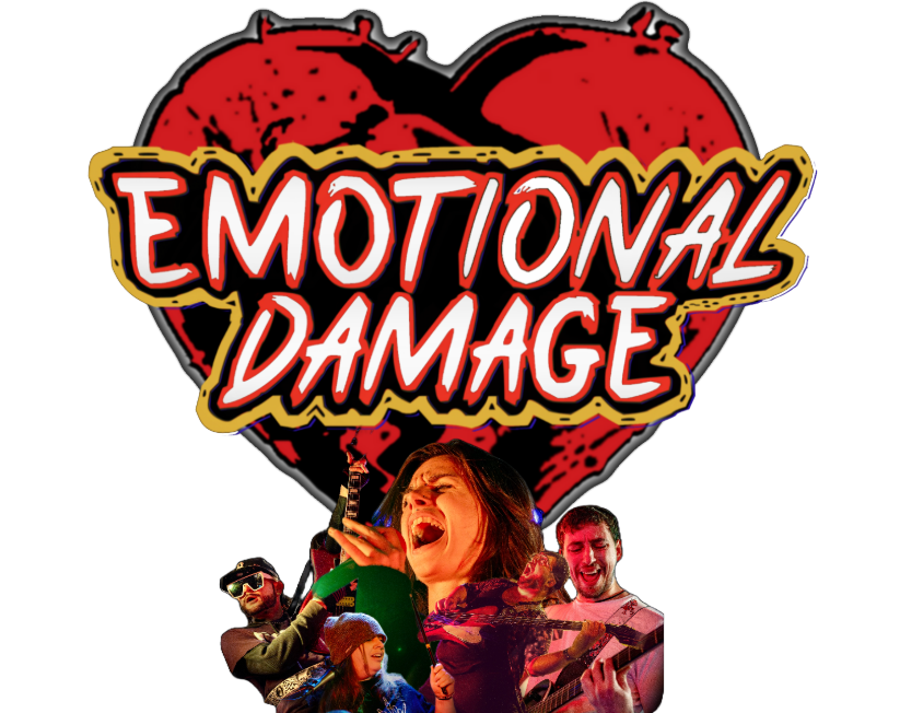 Collegiate-style graphic with a broken red heart and the words 'Emotional Damage' in bold, stylized font. Below, four young adults are seen singing, playing instruments, and celebrating together.