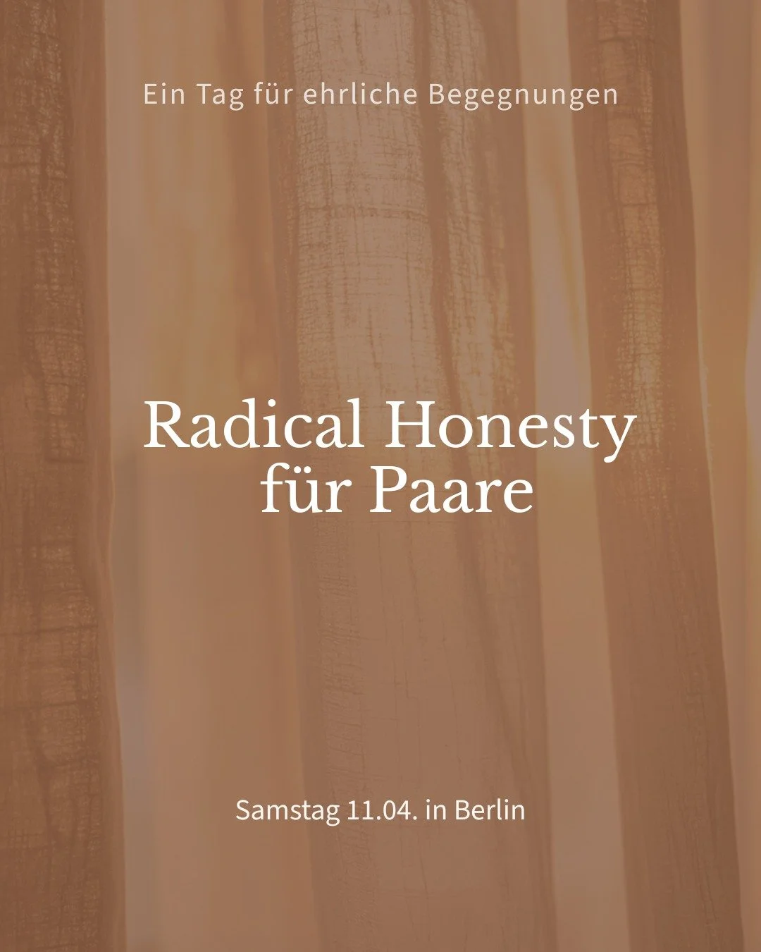 RADICAL HONESTY F&Uuml;R PAARE &ndash; Tagesworkshop
Ein Tag f&uuml;r ehrliche Gespr&auml;che, echten Kontakt und neue Klarheit in eurer Beziehung.

Ich freue mich sehr darauf, Radical Honesty bewusst f&uuml;r Paare zur Verf&uuml;gung zu stellen. 

E