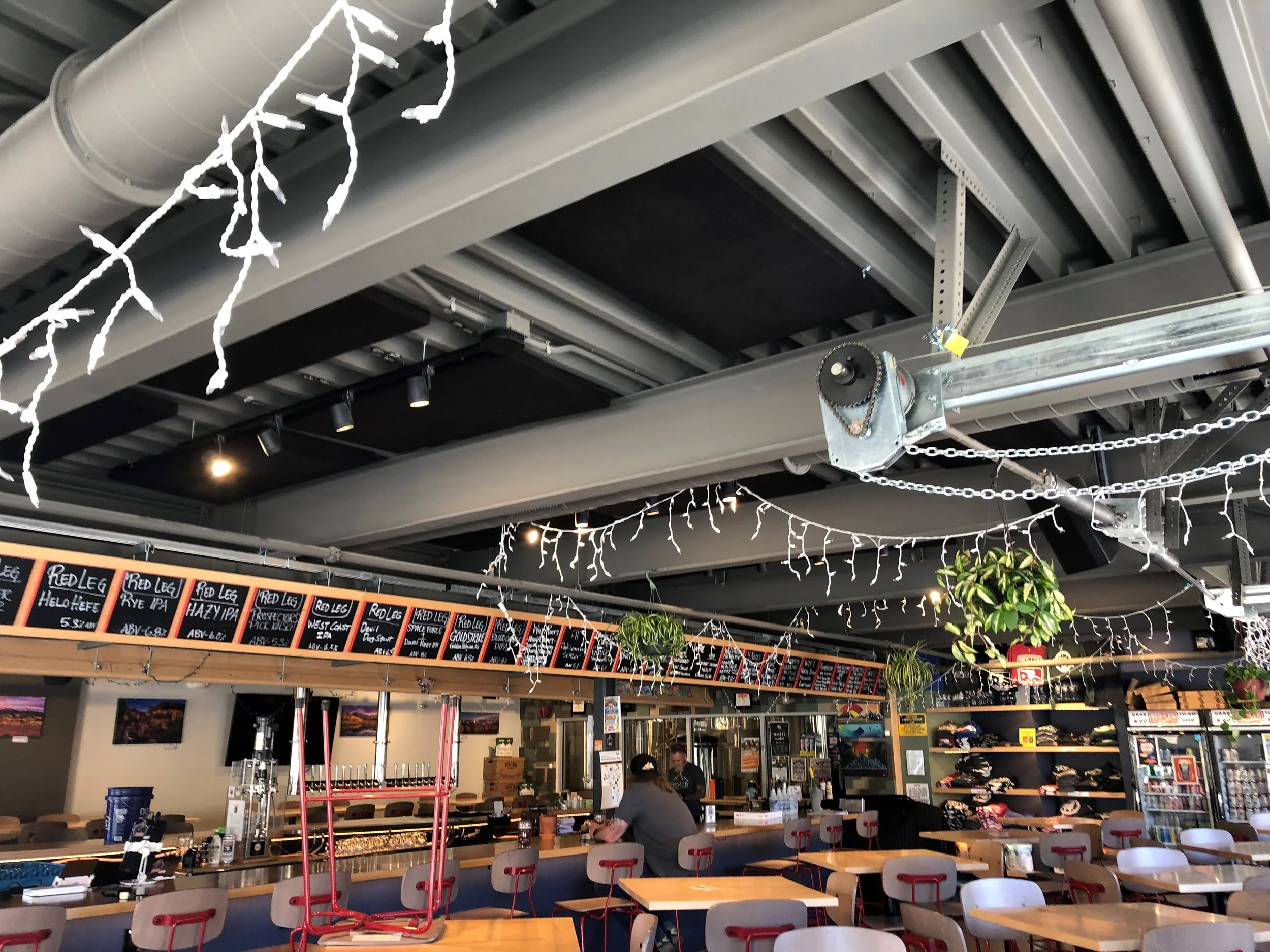Interior of a bar with a long counter, bar stools, overhead menu boards, hanging plants, and decorative string lights.