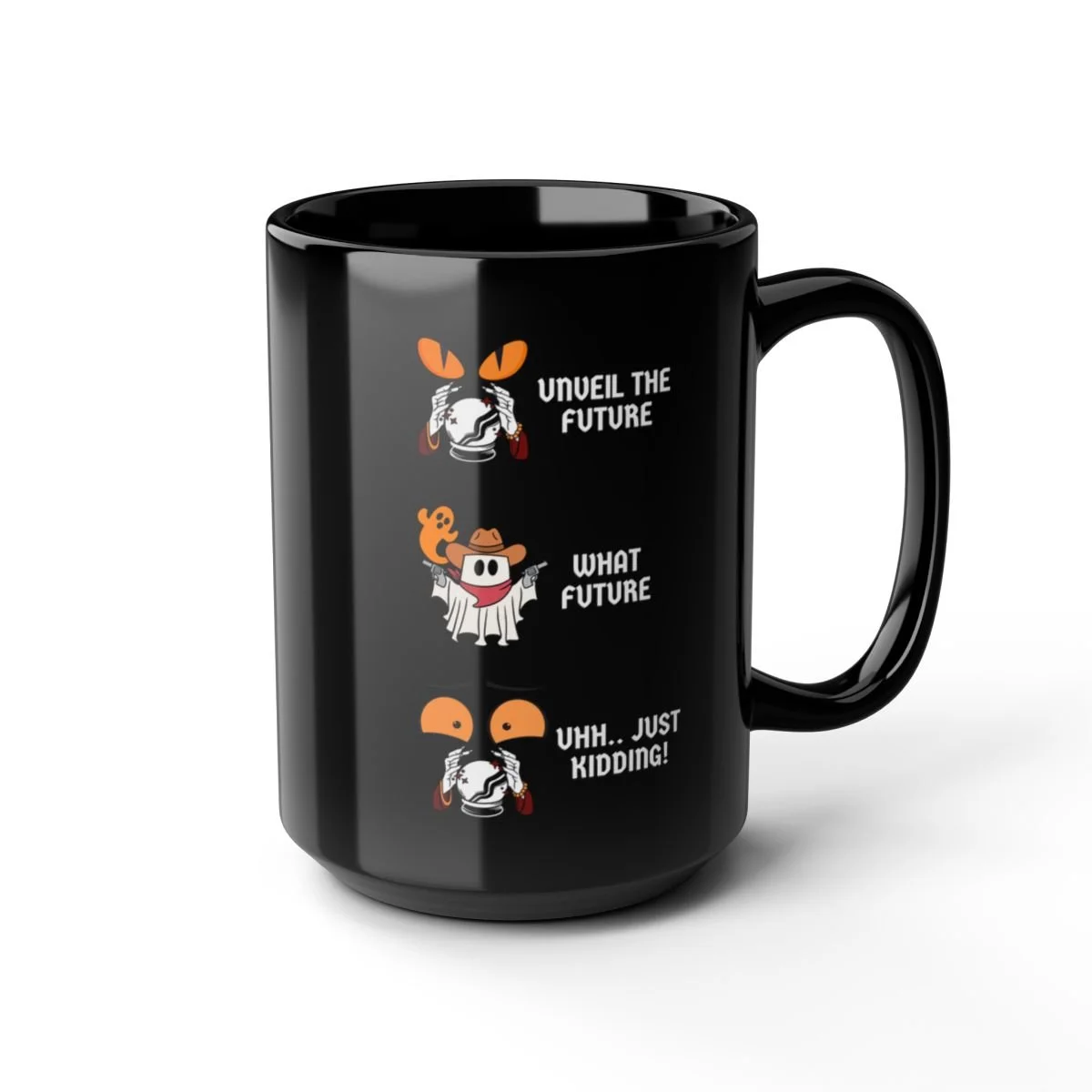 Black ceramic mug featuring cowboy ghost and pumpkin humor.