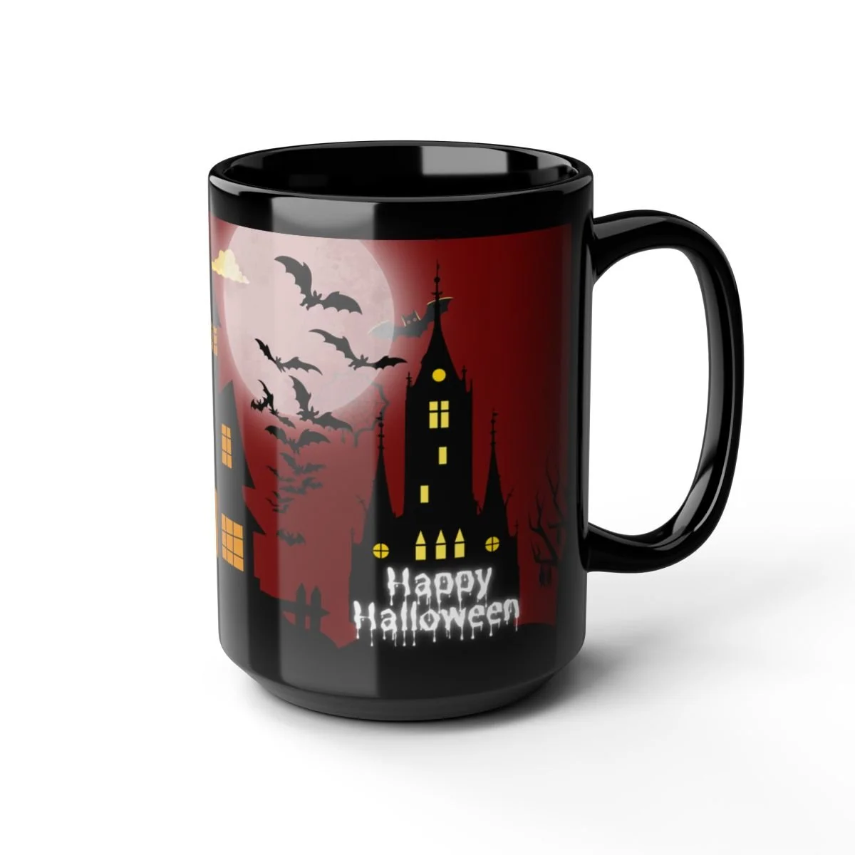 Haunted castle coffee mug with bats and full moon design.