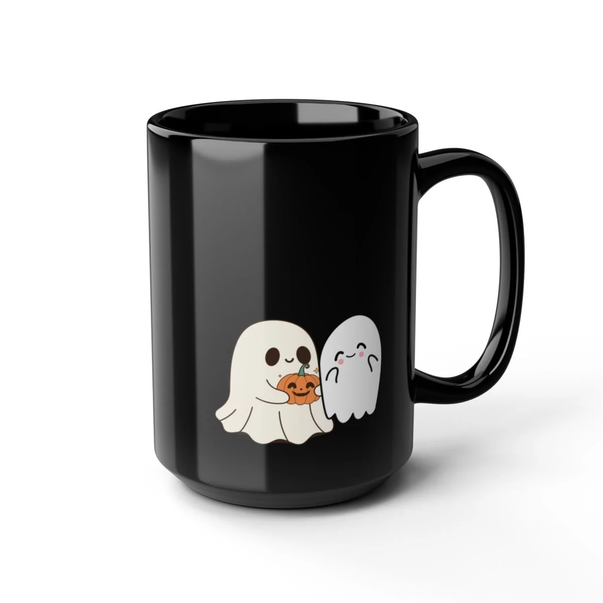 Cute ghost coffee mug with two smiling ghosts and a pumpkin design.