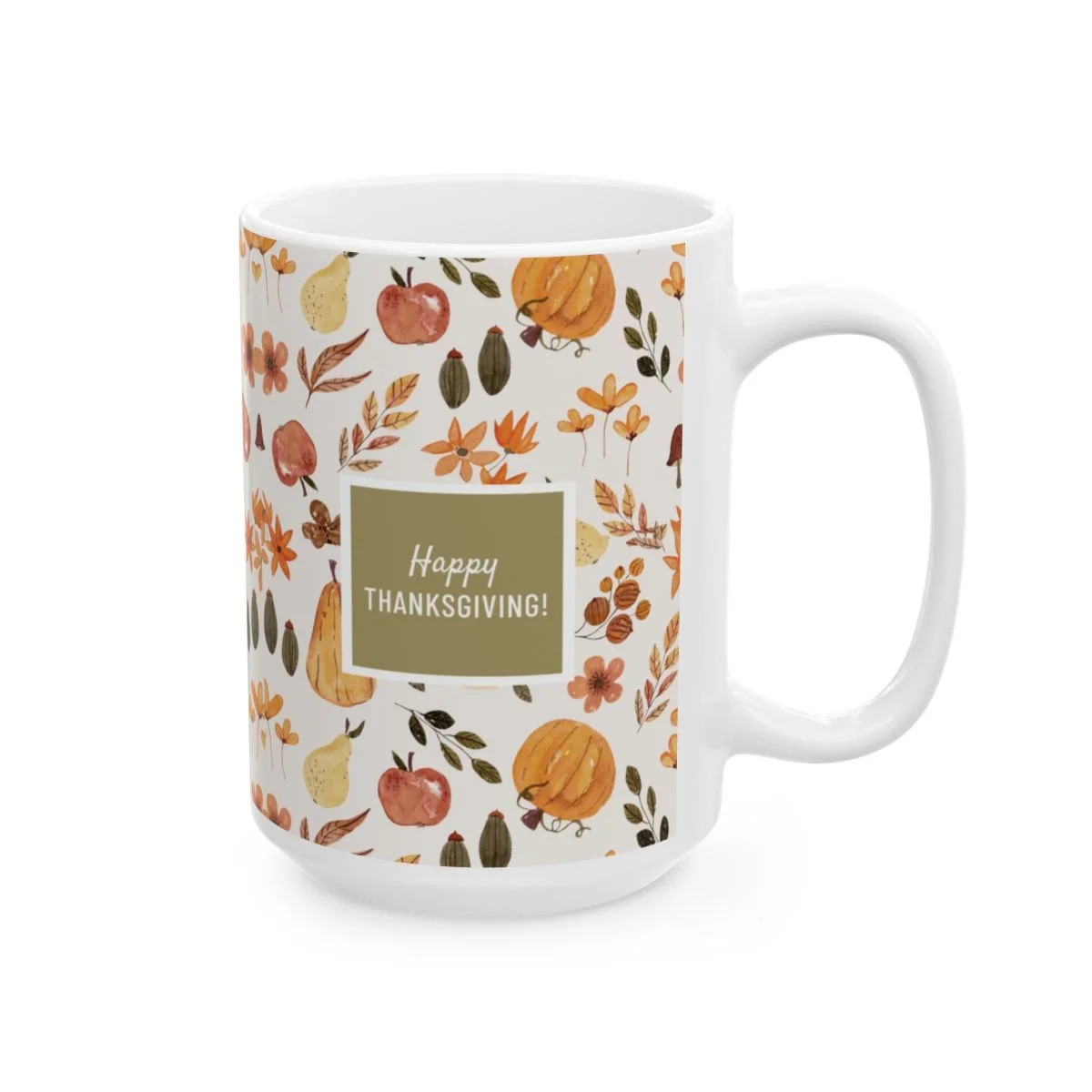 Thanksgiving Harvest Coffee Mug with Autumn Fruits and Leaves