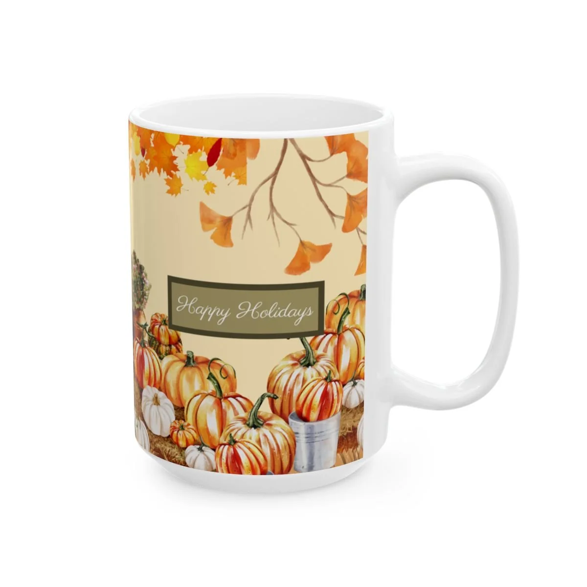 Harvest Pumpkin Coffee Mug with Autumn Leaves and "Happy Holidays"