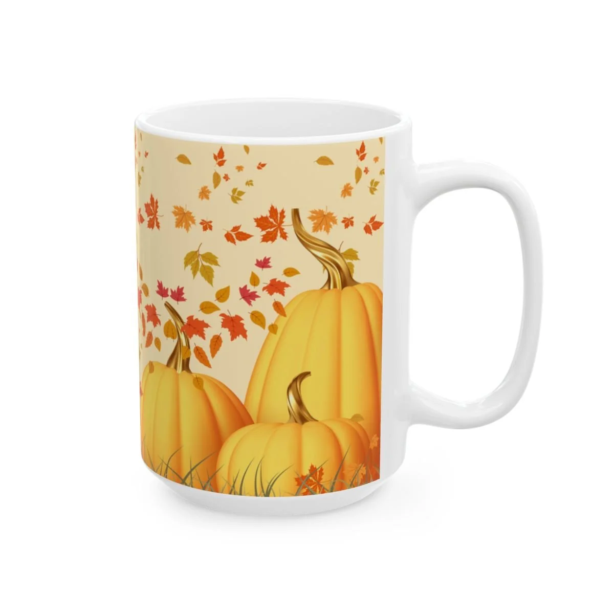 Autumn pumpkin coffee mug with golden pumpkins and falling leaves design.