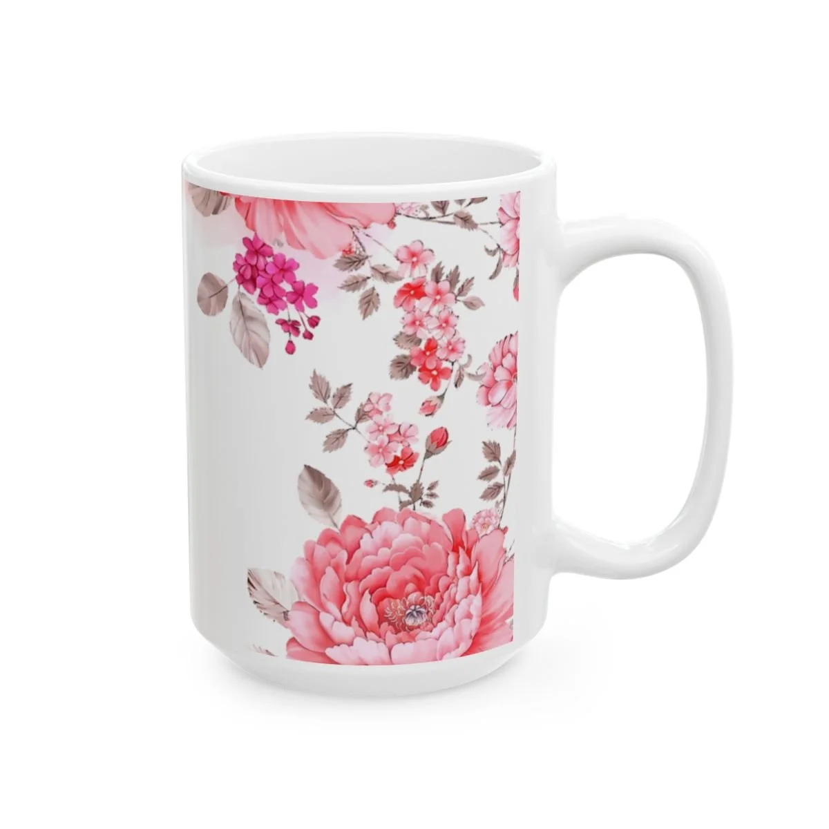 Valentine’s Day pink peony coffee mug featuring elegant floral patterns with magenta blossoms.