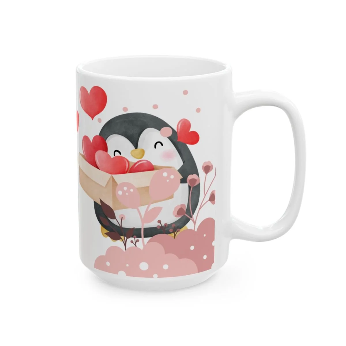 Penguin coffee mug with hearts and pink floral design.